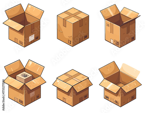 Cartoon illustration of six different brown cardboard boxes in various open and closed positions