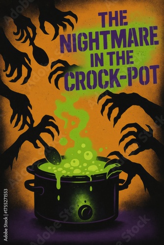 Spooky crockpot of bubbling chili surrounded by reaching monster hands. Use for Halloween marketing, food event posters, horror-themed promotions, and chili cook-off advertising with copy space.
