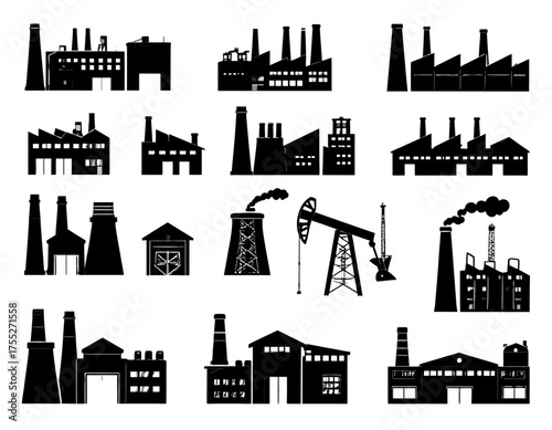 Collection of stylized industrial buildings, including factories, pump jacks, and a power plant