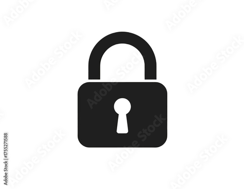 A simple, black padlock with rounded edges on a white background; a symbol of security and protection