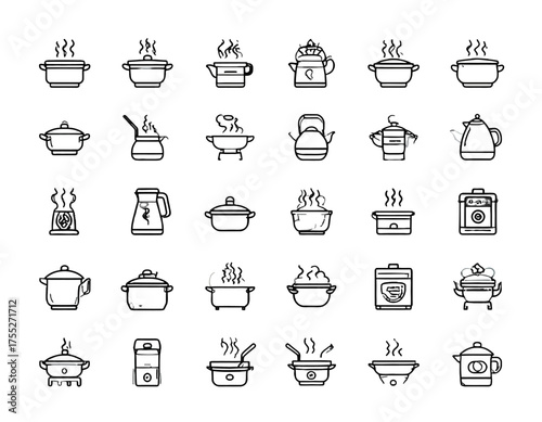 Collection of various steaming and cooking vessels, including pots, kettles, and a steamer, illustrated in black
