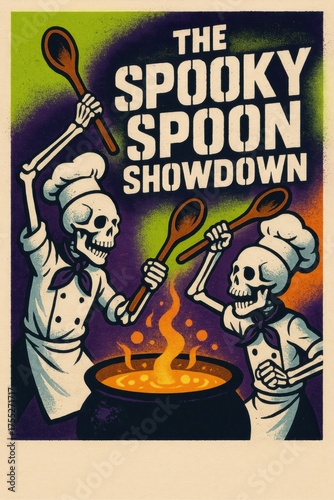 Skeleton chefs clashing spoons over a fiery cauldron. Use for Halloween event marketing, cook-off posters, spooky restaurant promotions, and festive culinary advertising. With copy space.