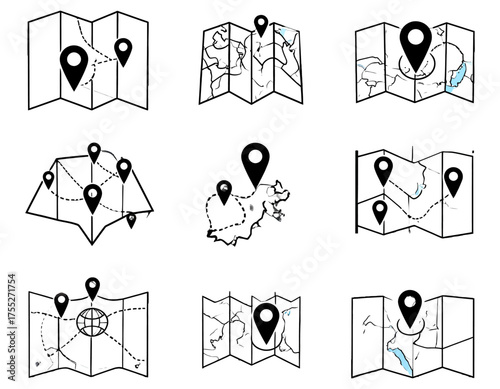 Collection of various map icons with location markers in black, showing different routes and destinations
