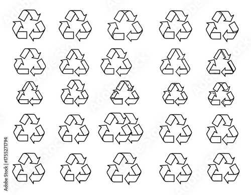 A grid arrangement featuring a recycling symbol in black on a white background. Multiple iterations