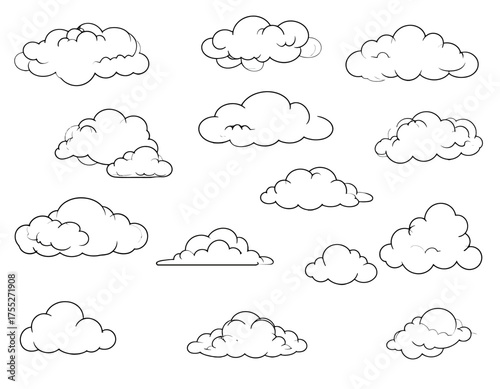 Cuadro en lienzo A collection of monochrome illustrations of different cloud formations, perfect