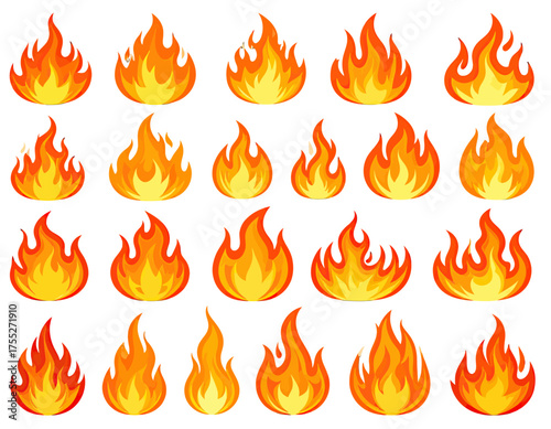 A collection of 20 cartoon-style illustrations of flames. Each element depicts various sizes and shapes