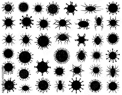 Black silhouettes of various organisms, including viruses and insects, arranged on a white background