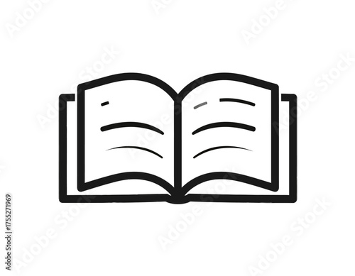 An open book illustration, rendered in black and white, revealing the inner pages and spine