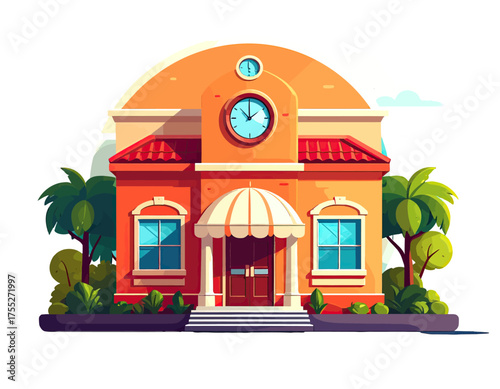Colorful illustration of a building with a clock, awnings, red roof, surrounded by trees and bushes