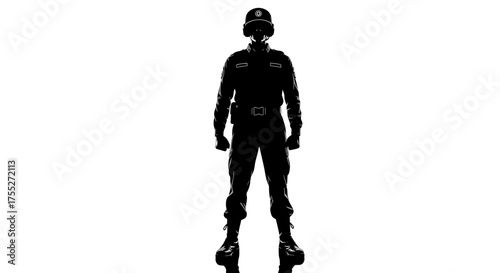 Full body silhouette of a futuristic soldier in tactical gear standing upright.