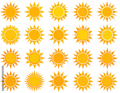 A vibrant collection of stylized, radiant sun illustrations on a pristine white background