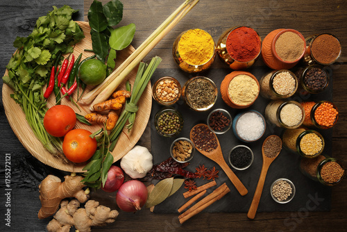 Overhead flat lay vibrant colourful spices herbs fresh produce vegetables legumes on wooden table spread splash smoking spice mix dark black slate metal clay pot palm leaf plate board copy text frame