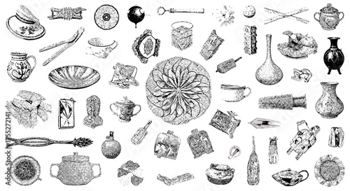 Collection of Vintage Hand-Drawn Household Items and Decorative Objects.