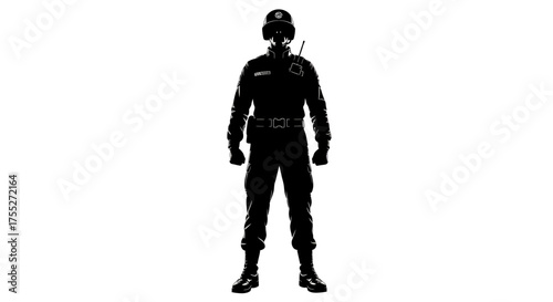 Silhouette of a futuristic soldier in full uniform standing upright.