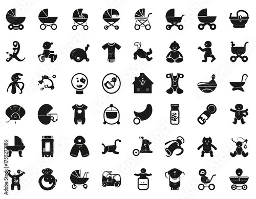 Collection of assorted baby-related icons including strollers, toys, and clothing in a simple black and white design