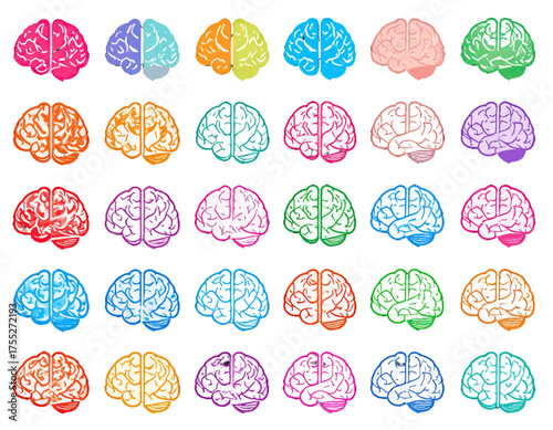 Collection of stylized, colorful brain illustrations displayed across a white background. Variety of hues and styles
