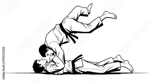 Two men practicing martial arts throw in black and white illustration.