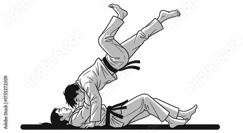 Two martial artists practicing judo throw technique on a mat.