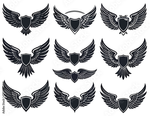 Collection of black heraldic crests with wings and shields in various styles