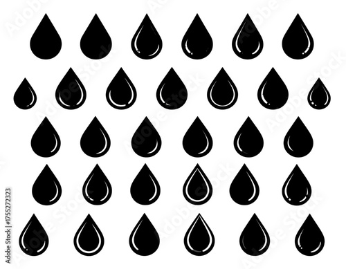 A repeating pattern of black teardrop shapes on a white background; varying sizes and styles are used