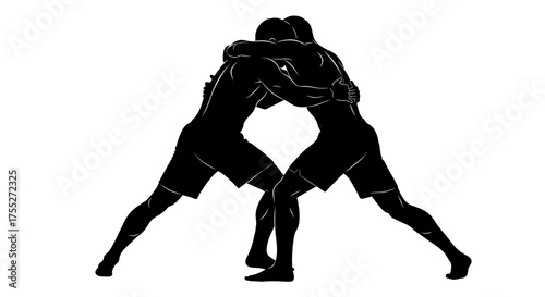 Two wrestlers grappling in a competitive stance during a match.