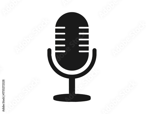 A simple, black, retro-style microphone icon with a rounded top and a circular base