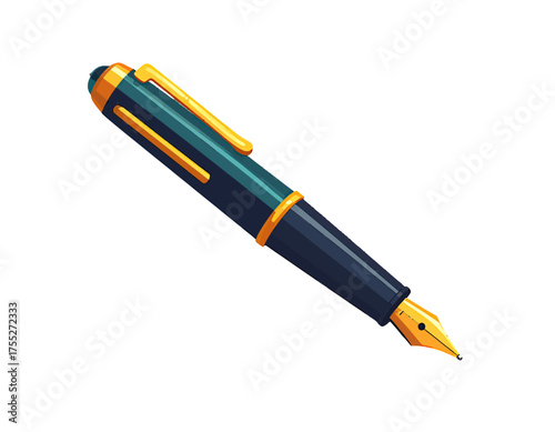 Stylized, colorful illustration of a fountain pen, featuring a gold nib and clip