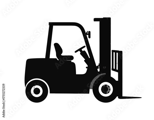 Silhouetted side view of a forklift. It has a seat, steering wheel, and forks on a plain white background