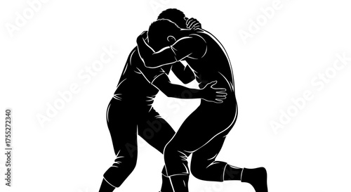 Two wrestlers grappling in a competitive stance, showcasing strength and determination.