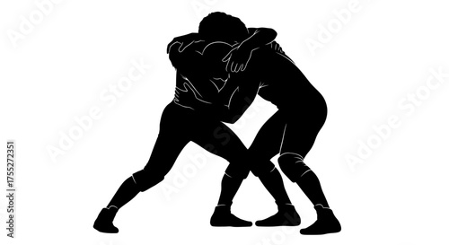 Two wrestlers grappling in a competitive stance, showcasing strength and determination.