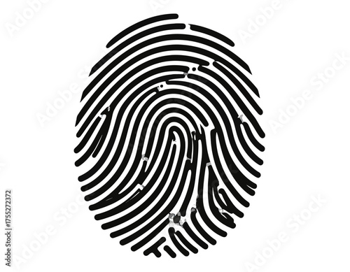 Black and white fingerprint illustration featuring intricate swirling ridge patterns isolated on white