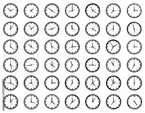 An array of 48 black and white clocks, each displaying a different time, arranged in a grid pattern