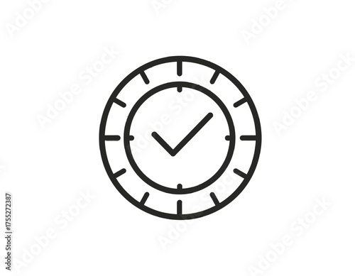 A simple black and white icon of a clock with a check mark, depicting completion or validation