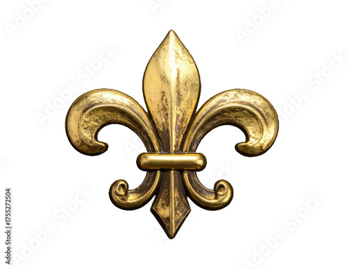 A decorative, ornate, gold fleur-de-lis, the heraldic symbol against a white background