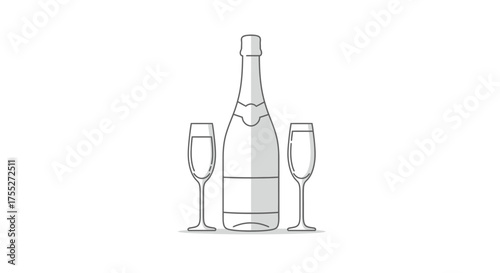 Elegant line art illustration of a champagne bottle and two flutes, ready for a celebration.