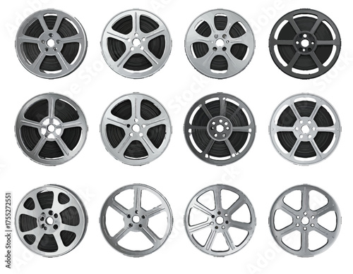 Image displays various film reels. Each reel has a different style of spokes and color