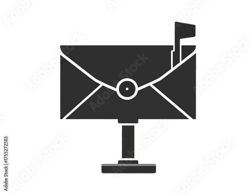 A stylized silhouette depicts a mailbox with an envelope-like facade, a flag, and a stand