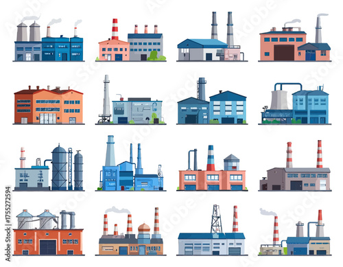 A collection of 16 colorful, flat-style illustrations depicting diverse factory buildings, many with smokestacks
