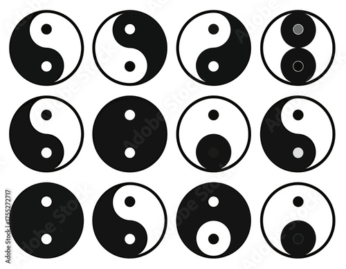 A grid of twelve Yin-Yang symbols with variations in the black and white components, on a white background