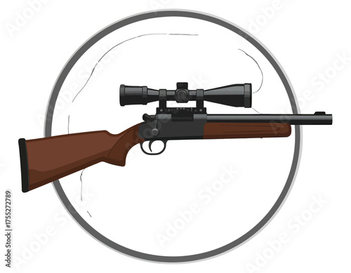 An illustrated, digitally-created image of a rifle with a scope, placed inside a semi-circular design