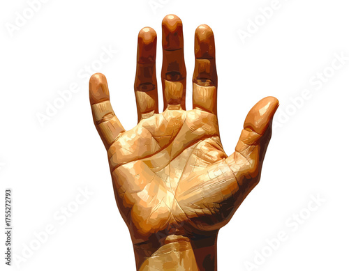 A highly detailed illustration of a hand reaching up, fingers spread wide. The skin tone is light brown
