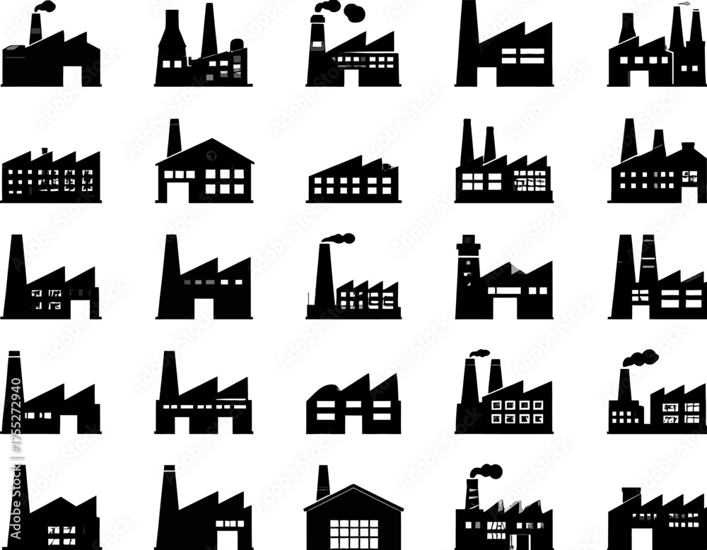 Fototapeta premium Twenty-five black and white silhouette illustrations of various industrial buildings with chimneys and smoke