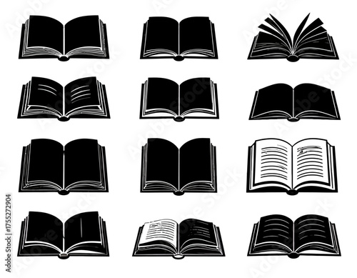 A black and white illustration featuring nine separate open books, each with distinct pages