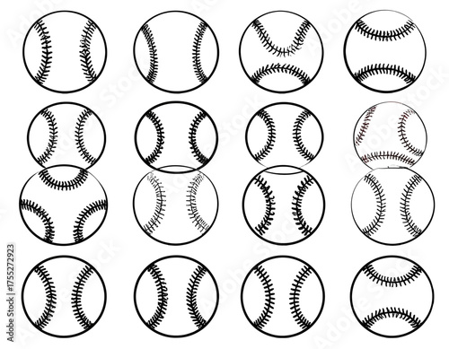 A collection of sixteen black and white baseball illustrations, showcasing different stitch patterns