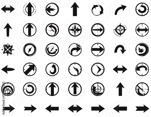 Collection of various directional arrows in black, including circles with compasses and clocks