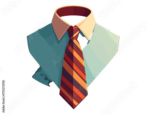 Illustration depicting a shirt collar, tie, and partial shirt front. The tie has striped patterns