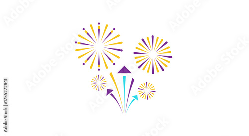 Colorful graphic illustration of fireworks exploding in the night sky with rockets launching upwards, on a white background.