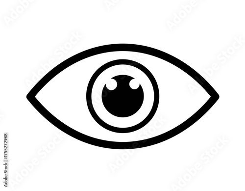 Black and white graphic icon of an eye on a white background