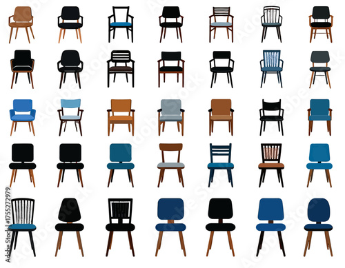 Collection of various armchairs and chairs in different colors, depicted in a flat, vector-like style
