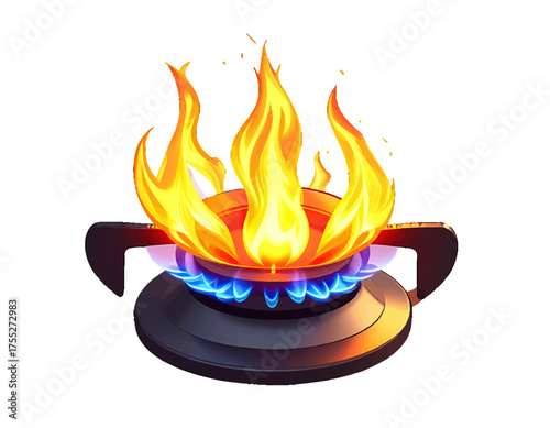 A colorful illustration of a lit stove burner, with flames radiating from the center in bright colors